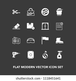 Modern, simple vector icon set on dark background with spray, cut, play, dish, tool, wireless, game, japanese, eraser, dinner, footwear, chemical, object, signal, style, leather, education, sign icons