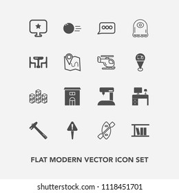 Modern, simple vector icon set with sewing, desk, mark, table, ball, fun, equipment, house, machine, paddle, bowling, pin, library, building, storage, oar, tool, alien, industrial, cartoon, sew icons