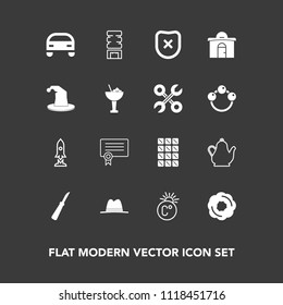 Modern, simple vector icon set on dark background with food, doughnut, cake, house, cold, alcohol, knife, thermometer, circus, space, temperature, cooler, security, chocolate, template, sweet icons