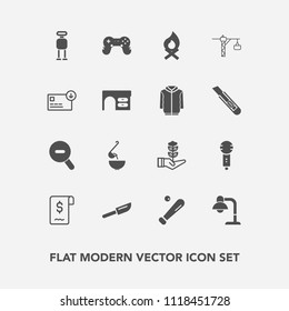 Modern, simple vector icon set with music, play, growth, fireplace, cyborg, hot, dinner, business, bonfire, futuristic, food, league, voice, sign, fork, nature, game, robot, cutlery, spoon, tree icons