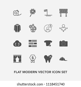 Modern, simple vector icon set with news, photographer, white, place, beach, road, fashion, technology, food, curtain, blue, camera, achievement, award, candy, sign, headwear, hat, first, shirt icons