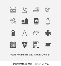 Modern, simple vector icon set with computer, human, domestic, engineering, baby, label, instrument, day, motel, time, cafe, drink, technology, caffeine, kid, privacy, curtain, female, tool icons