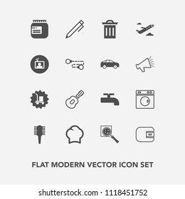 Modern, simple vector icon set with equipment, cargo, cash, crane, beauty, purse, white, finance, clean, package, magnifier, uniform, education, box, washer, pen, recycle, chef, music, laundry icons