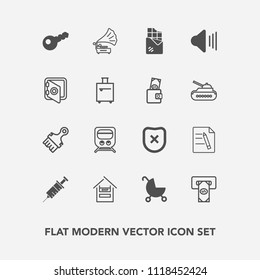 Modern, simple vector icon set with business, safety, food, record, atm, chocolate, medical, music, office, bank, customer, bar, cart, file, protection, transportation, carriage, train, pram icons