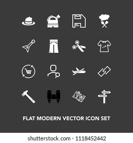 Modern, simple vector icon set on dark background with pants, musical, shop, chief, plane, diskette, tool, web, hyperlink, fashion, cart, hammer, trolley, guitar, flight, search, wrench, rocket icons