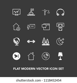 Modern, Simple Vector Icon Set On Dark Background With Forest, House, Fitness, Phone, Globe, Nature, Night, Diagnostic, Gym, Global, Water, Equipment, Life, Landscape, Sea, Safety, Doctor, Saw Icons