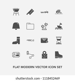 Modern, simple vector icon set with map, business, trailer, delivery, folder, axe, strike, paper, add, hobby, shipping, point, white, vacation, card, grill, sale, bag, hour, truck, barbecue, id icons