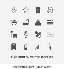Modern, simple vector icon set with telephone, building, furniture, bugle, nature, phone, toothbrush, infant, brush, child, electric, sport, home, folder, sofa, pacifier, blossom, kid, trumpet icons