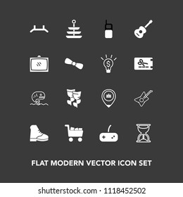 Modern, simple vector icon set on dark background with seafood, television, old, timer, mobile, clock, floral, work, entertainment, location, blossom, play, music, tv, guitar, boot, time, nature icons