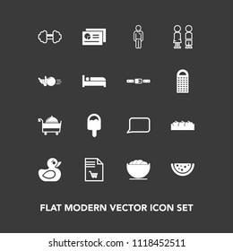 Modern, simple vector icon set on dark background with fun, chart, food, report, child, list, restaurant, duck, talk, healthy, graph, standing, watermelon, white, shopping, ball, girl, box, pin icons