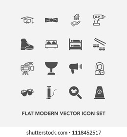 Modern, simple vector icon set with lens, elegance, rent, woman, bow, bar, school, beer, home, employer, female, clothes, university, people, equipment, college, tripod, drink, speaker, traffic icons