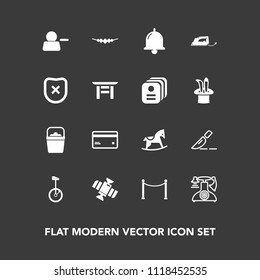 Modern, simple vector icon set on dark background with surgery, space, clinic, delete, child, accessory, object, bike, telephone, debit, alarm, technology, bell, phone, station, fence, bucket icons