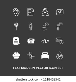Modern, simple vector icon set on dark background with dessert, red, woman, lollipop, candy, contract, identity, repair, coin, cake, location, food, tree, vehicle, road, phone, fashion, document icons