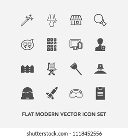 Modern, simple vector icon set with light, magician, package, spaceship, headwear, rocket, wand, exploration, clothing, food, astronaut, search, fashion, delivery, magic, home, fence, box, find icons