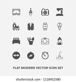 Modern, simple vector icon set with bride, handle, toy, fashion, love, groom, castle, sewing, compass, gym, white, equipment, birthday, wedding, building, map, north, sand, photography, clock icons