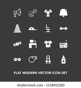 Modern, simple vector icon set on dark background with speaker, road, desk, hippie, notification, baby, style, object, clothing, sport, fashion, media, sweet, freelancer, table, loudspeaker, kid icons