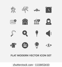 Modern, simple vector icon set with travel, light, meat, phone, lantern, hammer, jump, space, sky, audio, ufo, repair, departure, parachuting, spaceship, chat, tv, volume, lamp, city, street, up icons