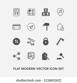 Modern, simple vector icon set with web, axe, technology, fish, toy, gas, judge, kitchen, arrow, construction, tool, musical, social, sign, screwdriver, button, share, sale, percent, play, law icons