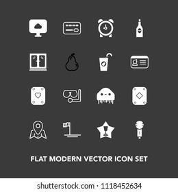 Modern, simple vector icon set on dark background with equipment, watch, hour, travel, mexico, card, balance, pin, bank, blue, fiction, place, mask, cloud, sea, alarm, money, drink, achievement icons