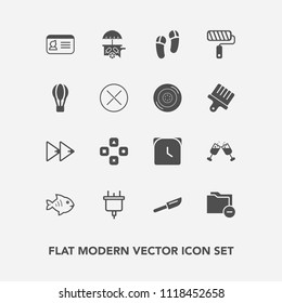 Modern, simple vector icon set with minute, seafood, ice, folder, document, plug, van, glass, footwear, player, business, fork, food, data, time, play, audio, music, knife, wine, fun, cream, sea icons