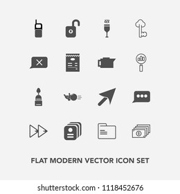 Modern, simple vector icon set with rewind, protection, cursor, drink, business, pin, finance, food, identity, currency, telephone, ball, file, security, speech, chat, sport, cash, paper, player icons