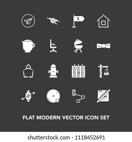 Modern, simple vector icon set on dark background with money, day, house, disk, web, dont, calendar, internet, bag, cd, dvd, navigation, point, boat, location, message, saw, home, military, war icons