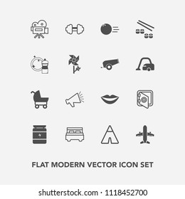 Modern, simple vector icon set with double, ball, carriage, health, bank, baby, fitness, lips, video, bed, female, outdoor, bodybuilding, bowling, plane, fun, retro, safe, nutrition, tripod, gym icons