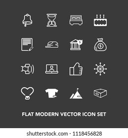 Modern, simple vector icon set on dark background with cake, search, fashion, clothing, timer, technology, heart, drawer, double, sweet, nature, nautical, concept, shirt, clock, interior, call icons