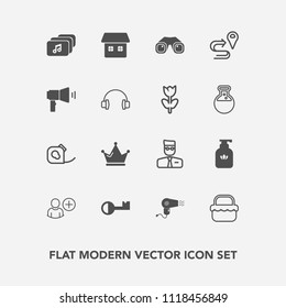 Modern, simple vector icon set with home, electrical, communication, blossom, megaphone, map, tape, insulating, road, navigation, account, park, food, binocular, hairdryer, file, crown, audio icons