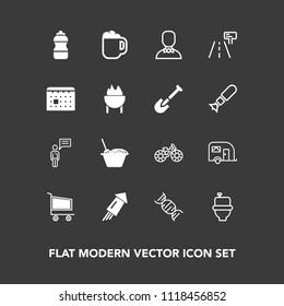 Modern, simple vector icon set on dark background with profile, wc, drink, transportation, wheel, food, traffic, sign, restroom, van, male, bike, bathroom, time, street, coffee, toilet, bottle icons