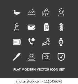 Modern, simple vector icon set on dark background with astronaut, business, building, pen, shipping, house, space, internet, transportation, money, medieval, wildlife, sky, call, headset, time icons