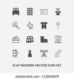 Modern, simple vector icon set with female, station, fashion, food, banner, billboard, presentation, hour, poster, style, bar, clock, mobile, phone, sign, laundry, washer, business, leather, sea icons
