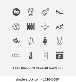 Modern, simple vector icon set with doughnut, cake, leaf, white, financial, food, thermometer, fashion, tropical, ring, brush, day, finance, field, gym, caffeine, science, fish, schedule, shoe icons