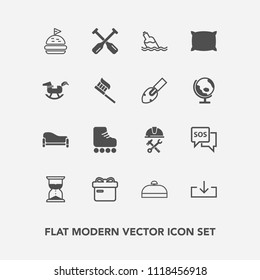 Modern, simple vector icon set with lunch, construction, helmet, clock, sofa, box, skating, present, hourglass, leisure, suitcase, oar, bag, download, hour, fun, trip, skate, holiday, canoe, web icons