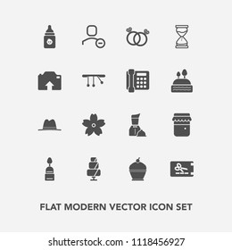 Modern, simple vector icon set with hourglass, price, sand, delete, romance, sakura, cake, restaurant, pendulum, user, template, ring, phone, account, hour, honey, hat, photo, bottle, upload icons