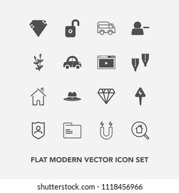 Modern, simple vector icon set with protection, harvest, energy, jewelry, delete, architecture, plant, building, online, highway, estate, protect, wheat, search, move, direction, grain, texas icons