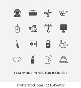 Modern, simple vector icon set with toothbrush, ball, communication, cash, geisha, beverage, projector, lock, japan, highway, tooth, yacht, fan, wallet, sign, hair, satellite, ocean, technology icons