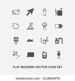 Modern, simple vector icon set with aircraft, machine, scan, beacon, table, phone, robot, fish, finance, sport, office, mask, meat, communication, old, business, talk, speech, cyborg, sea, tower icons