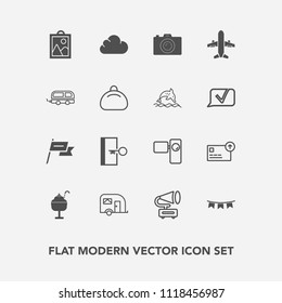 Modern, simple vector icon set with photography, travel, transportation, country, flag, vehicle, vintage, van, wind, ice, picture, nation, exit, sweet, finance, cream, dessert, camera, escape icons