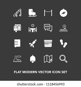 Modern, simple vector icon set on dark background with housework, timetable, call, winter, ironing, clothes, notebook, rod, fish, journey, day, sport, caravan, dinner, book, vacation, fence, map icons