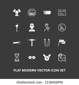 Modern, simple vector icon set on dark background with alcohol, ice, bucket, travel, astronomy, sale, percent, patriotism, science, banner, map, wind, lamp, pin, billboard, fashion, nation, time icons