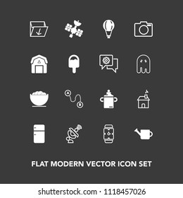 Modern, simple vector icon set on dark background with nutrition, plant, empty, sign, waste, white, household, milk, point, technology, watch, clock, dish, bowl, box, travel, refrigerator, jump icons