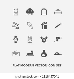 Modern, simple vector icon set with computer, cold, construction, gift, price, drink, hat, ufo, time, bag, watch, white, oil, hairdryer, headwear, people, wear, food, alien, sale, smart, healthy icons