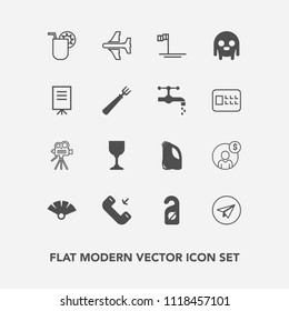 Modern, simple vector icon set with flight, juice, communication, hotel, finance, glass, web, label, privacy, japanese, can, retro, fan, accounting, drink, mexico, internet, message, call, sign icons