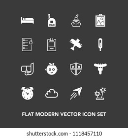Modern, simple vector icon set on dark background with boy, sausage, mask, meat, image, communication, plane, security, travel, shield, cute, estate, food, hotdog, water, tropical, nature, clock icons