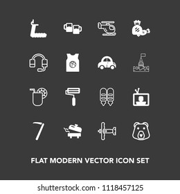Modern, simple vector icon set on dark background with air, heater, boiler, military, transport, roller, bear, cocktail, , water, animal, tv, wrench, gym, transportation, nature, summer, drink icons