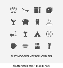 Modern, simple vector icon set with chocolate, outdoor, present, sweet, dessert, tea, lettuce, seat, box, bar, bun, teapot, travel, wing, housework, butterfly, dress, breakfast, no, insect, food icons