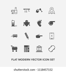 Modern, simple vector icon set with shovel, skate, dish, business, drink, extreme, bank, transportation, alcohol, commerce, cart, bus, money, transport, red, banking, map, phone, glass, pendulum icons