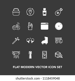 Modern, simple vector icon set on dark background with sign, music, guitar, scan, picnic, summer, post, tipper, dumper, message, female, app, statistic, food, vehicle, tennis, mail, magician icons