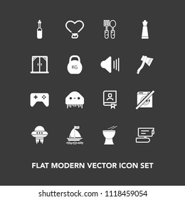 Modern, simple vector icon set on dark background with piece, ufo, strategy, contact, office, sign, space, chess, spaceship, joystick, video, restaurant, technology, medicine, book, monster, tv icons